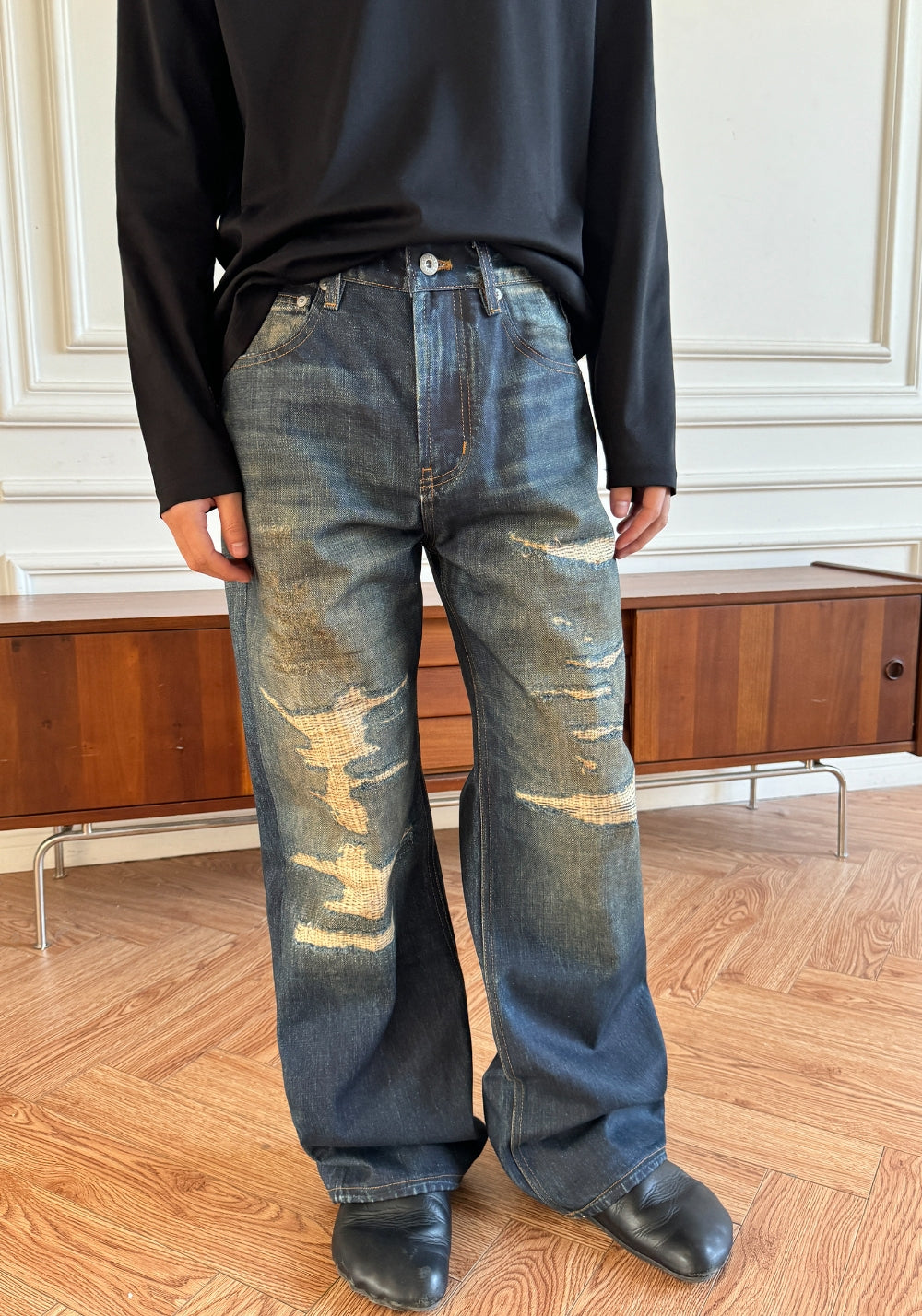 HAONANHUANG丨KONLI Print Distressed Flared Jeans - PSYLOS 1, HAONANHUANG丨KONLI Print Distressed Flared Jeans, Jeans, HAONANHUANG, PSYLOS 1